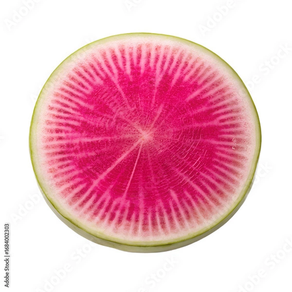 Fototapeta a Watermelon radish slice, showcasing vibrant pink flesh with radial white streaks, isolated on a transparent background