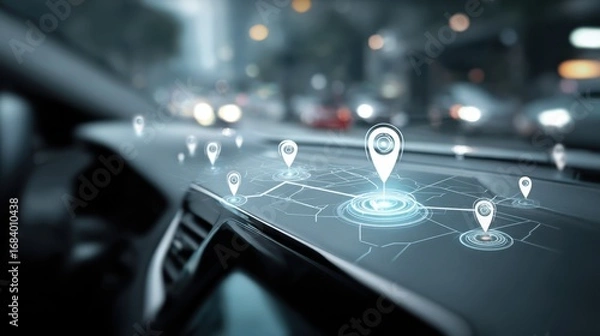 Fototapeta Medium shot of advanced telematics hub showcasing a GPS device with realtime vehicle location highlighted background blurred for focus on navigation details.