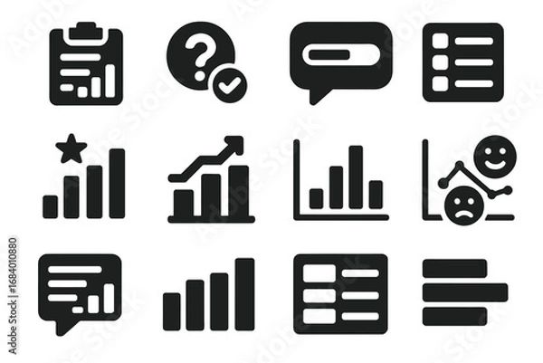 Fototapeta Solid Style Survey Icons. Solid style icons of survey polls: poll within survey, question icon with checkmark, progress bar bubble