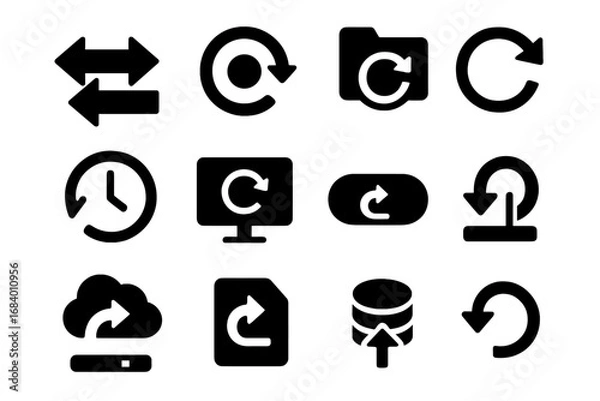 Fototapeta Backup and Restore Icons. Solid style icons of backup and restore: two-way arrows, restore point icon, file recovery icon, time