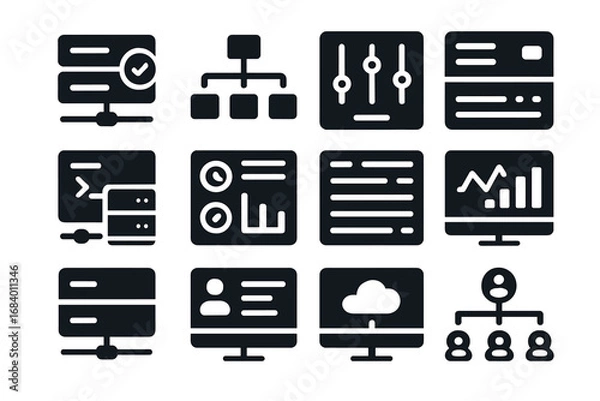 Fototapeta Server Dashboard Icons. Solid style icons of server UI and dashboards: server status screen icon, network map tray, control panel