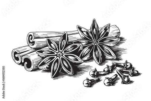 Obraz Vintage engraving of cinnamon sticks, star anise and cloves. Hand-drawn botanical spice illustration