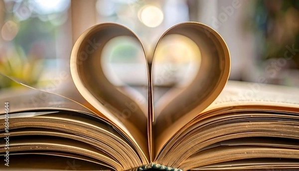 Fototapeta A close-up view of an open book, its pages elegantly curved to form a heart shape, highlighting the beauty and warmth of reading.