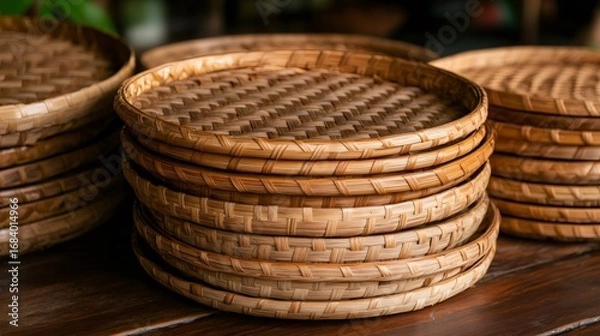 Obraz Stack of wicker plates creating beautiful pattern on wooden table