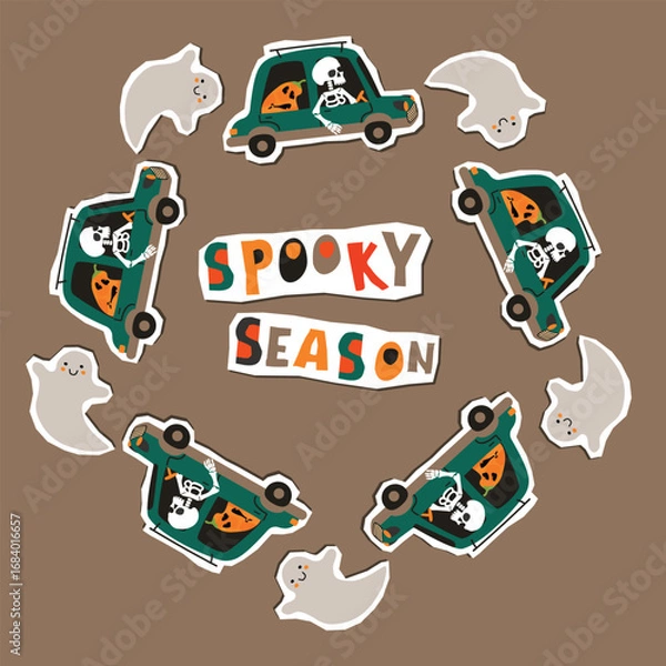Fototapeta Spooky season poster with retro car, skeleton driver, pumpkin passenger, funny ghost. Cartoon characters with paper cut shapes. Round frame with stickers set. Vector design for autumn holidays.