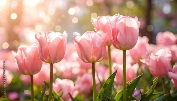 Fototapeta Delicate pink tulips bathed in sunlight, showcasing a beautiful spring scene.