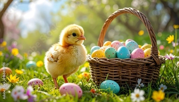Fototapeta A fluffy yellow chick stands amidst colorful Easter eggs in a wicker basket, surrounded by vibrant flowers in a spring meadow.