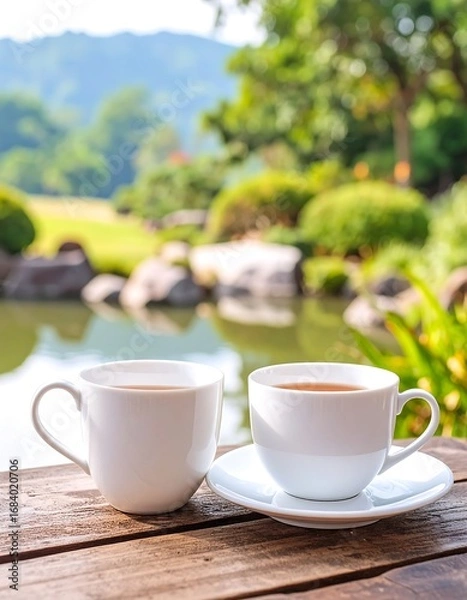 Fototapeta Two white teacups sit on a wooden table overlooking a tranquil garden setting.