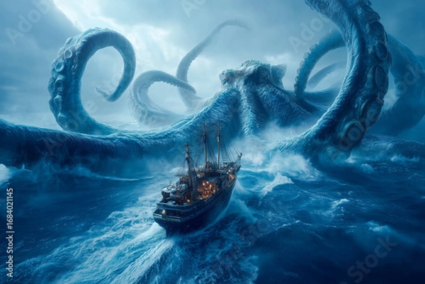 Obraz Kraken Attacking Ship in Stormy Ocean