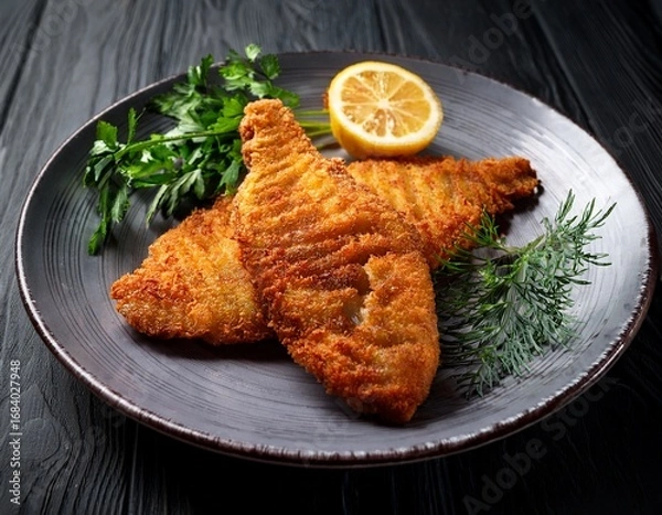 Obraz crispy fried breaded tilapia fillets garnished with herbs and lemon
