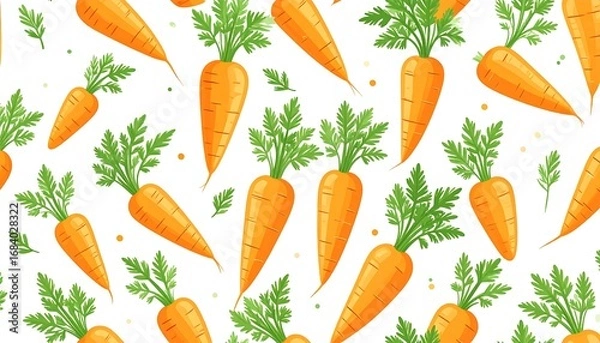 Fototapeta A repeating pattern of orange carrots with bright green tops against a crisp white background
