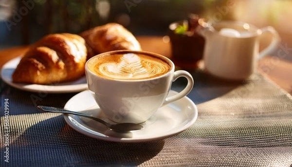 Obraz a cup of cappuccino with latte art an croassant breakfast on a coffee house bistro table in the sunshine