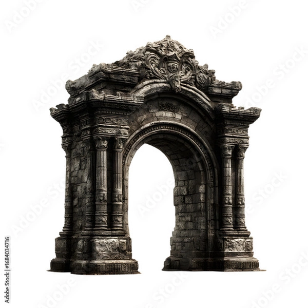 Fototapeta Ancient Stone Archway Architectural Ruin Gothic Arch Weathered Stone Texture Game Asset 3D Render Historical Structure Fantasy Entrance isolated on transparent background