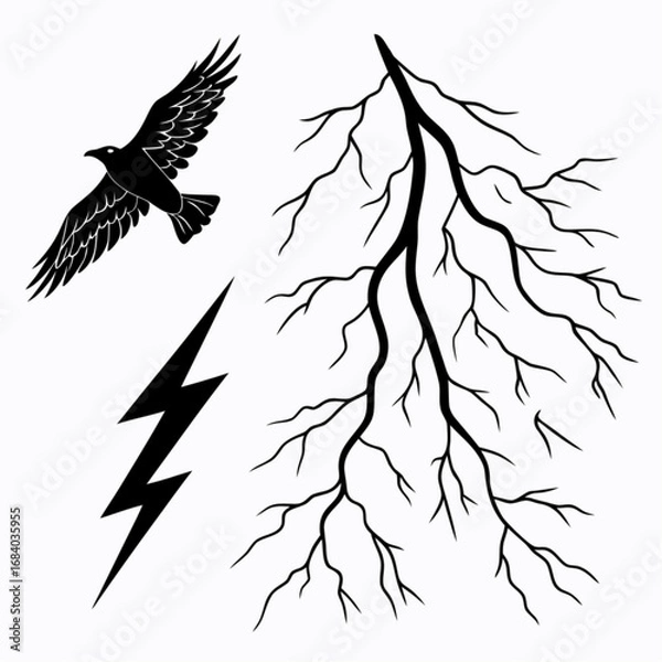 Obraz Black Silhouette Set of a Flying Raven a Zigzag Lightning Bolt and a Forked Thunder Strike.