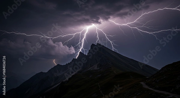 Fototapeta The majestic mountain peaks are dramatically illuminated by a vibrant bolt of lightning, showcasing the raw power of nature against a dark, foreboding sky. 
