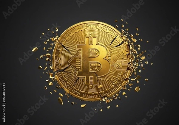 Obraz Shattered Golden Bitcoin Cryptocurrency Exploding