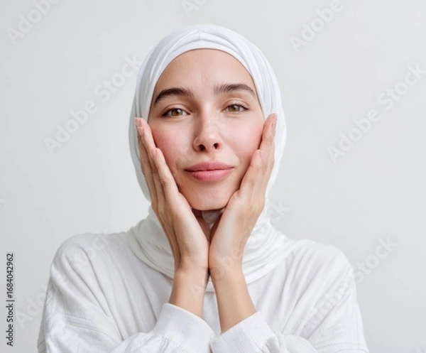 Fototapeta A woman in a white hijab, hands gently resting on her cheeks, exudes a serene and thoughtful demeanor against a neutral backdrop.