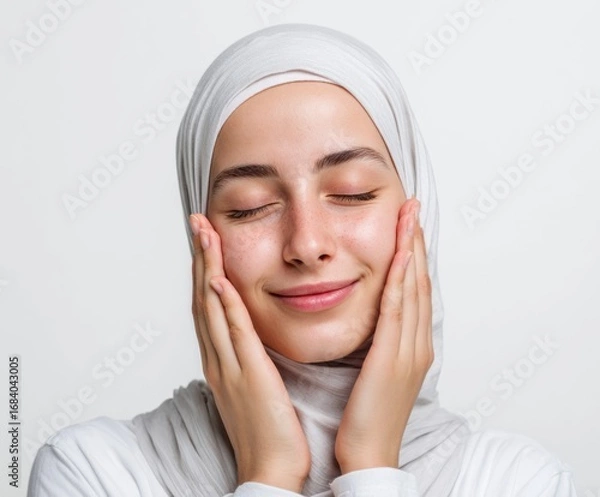 Fototapeta Close-up portrait of a woman with a serene expression, gently touching her smooth skin, showcasing healthy, radiant features against a neutral backdrop.