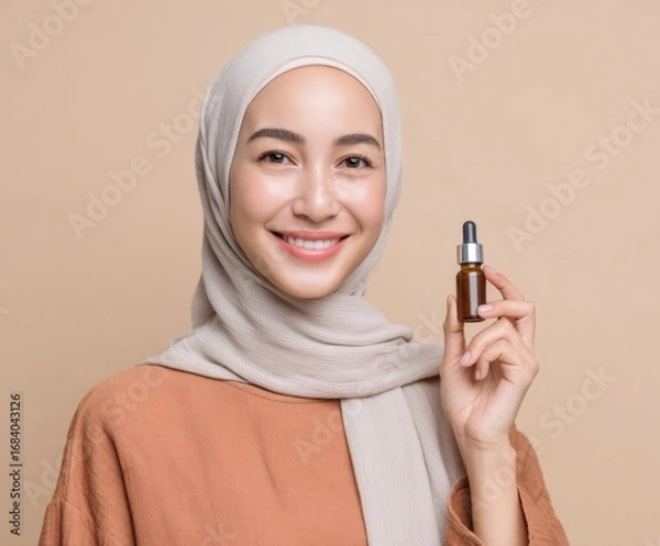 Fototapeta A woman in a light beige headscarf holds a small, brown glass serum bottle, showcasing a joyful expression and a soft, neutral backdrop.