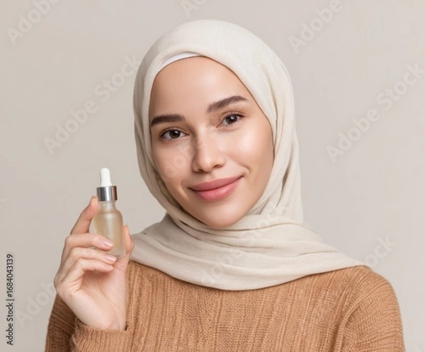 Fototapeta A woman in a light beige hijab holds a clear glass bottle of serum, showcasing a warm and inviting expression.