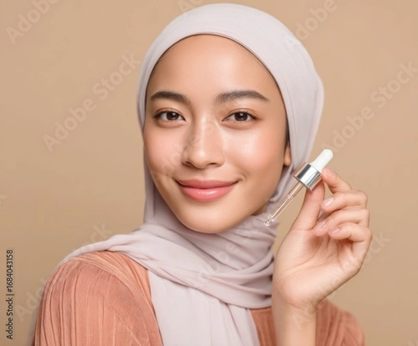 Fototapeta A woman in a light taupe hijab holds a serum dropper, showcasing healthy skin and a serene expression against a neutral backdrop.