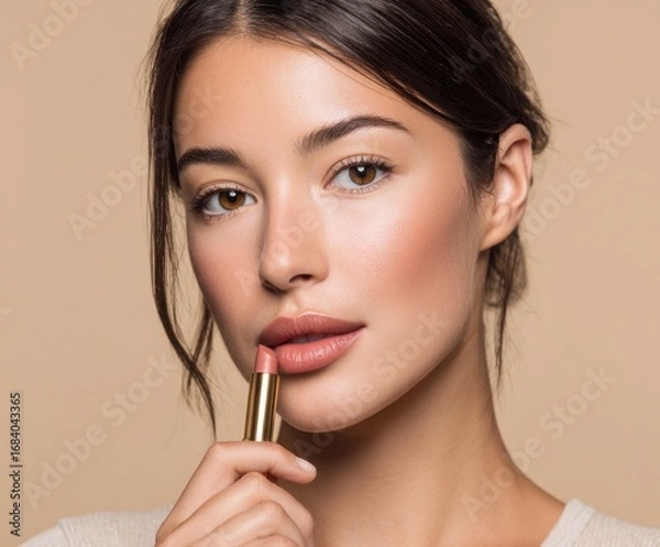 Fototapeta Close-up of a woman with flawless skin and delicate makeup, applying a light pink lipstick against a neutral backdrop.