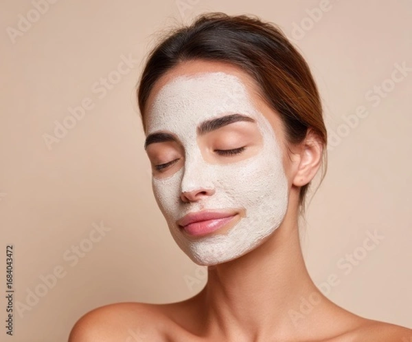 Fototapeta A woman with a calming facial mask, serene and relaxed, features a soft, light beige backdrop.