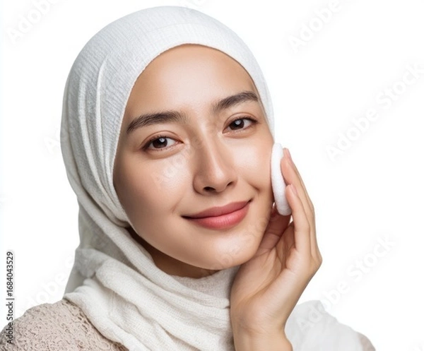 Fototapeta Close-up portrait of a woman with a hijab, gently applying a cleansing pad to her smooth skin, showcasing a serene and healthy complexion.