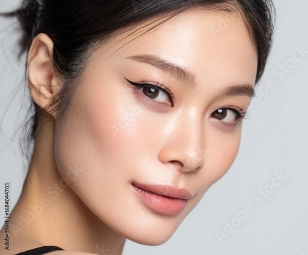 Fototapeta A close-up portrait showcasing a woman's exquisite facial features, with soft, natural lighting and delicate makeup emphasizing her flawless complexion.