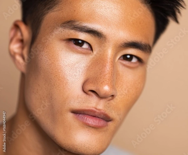 Fototapeta Close-up portrait of a man with a neutral expression, showcasing healthy skin tones and subtle freckles.
