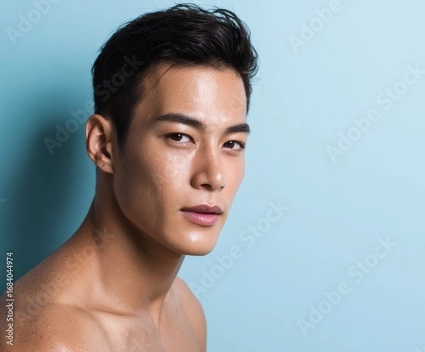 Fototapeta Close-up portrait of a man with smooth, healthy-looking skin, showcasing a sophisticated and confident expression against a muted blue background.