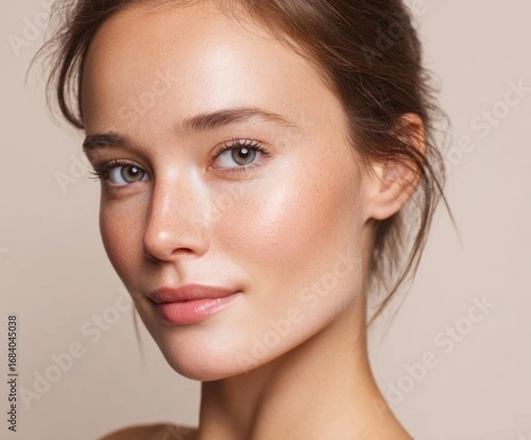 Fototapeta Close-up portrait of a woman with flawless, luminous skin and soft, natural makeup.  A gentle, elegant portrait emphasizing healthy skin and a serene expression.