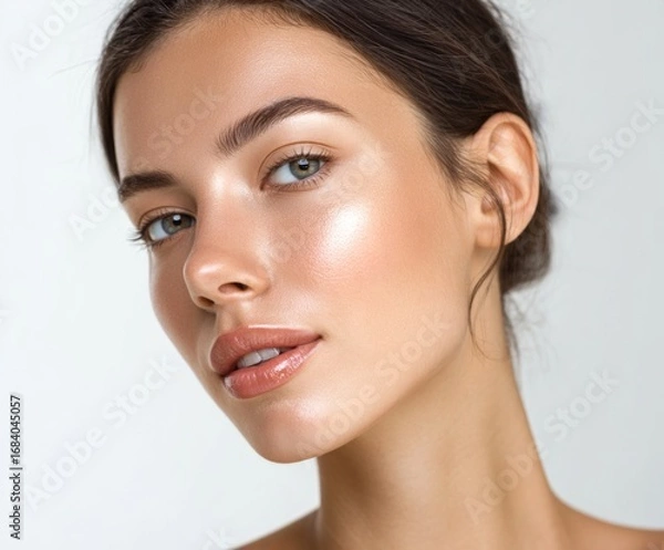 Fototapeta Close-up portrait of a woman with luminous skin and subtle makeup, showcasing a healthy and radiant complexion.
