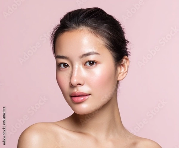 Fototapeta A  close-up portrait of a woman with flawless, glowing skin against a soft pink backdrop. Her makeup accentuates her delicate features and creates a serene, healthy appearance.