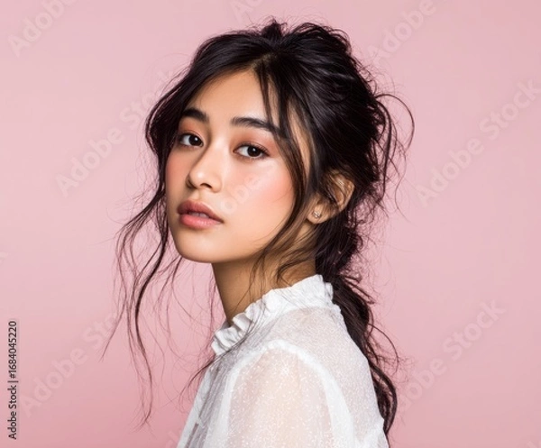 Fototapeta A captivating portrait of a young woman with exquisite makeup and a stylish updo against a soft pink backdrop.