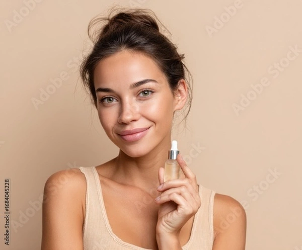 Fototapeta A woman with a happy expression holds a small glass dropper bottle, showcasing healthy and radiant skin against a neutral backdrop.