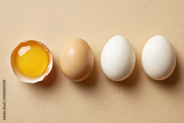 Obraz Three whole eggs and one cracked egg, yellow yolk visible, lie in a row on a beige surface