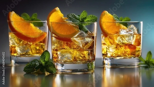 Obraz Three chilled cocktails, each garnished with orange slices and mint leaves, sit on a reflective surface