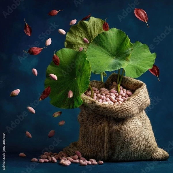 Obraz A burlap sack filled with pink seeds, topped by vibrant green lotus leaves and falling petals