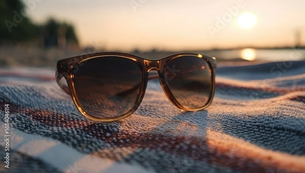 Obraz Sunglasses rest on a striped beach blanket at sunset.  Golden light bathes the scene