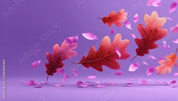 Obraz Floating autumn leaves and petals on a purple background