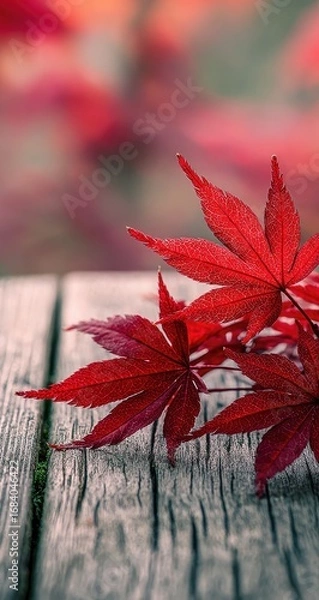 Obraz Vibrant red maple leaves on weathered wood