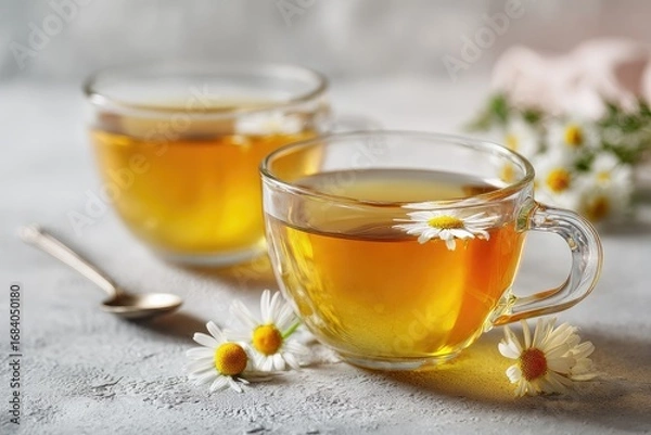 Fototapeta Two clear teacups filled with golden chamomile tea, beside a silver spoon and chamomile flowers on a light gray surface