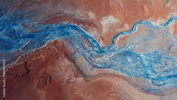 Obraz Aerial view of winding riverbed in desert landscape.  Blue water, tan earth