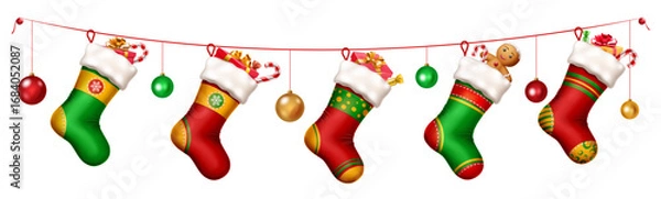 Fototapeta Christmas stockings hanging on a string filled with candy canes, gingerbread men, balls, and gift boxes. Each stocking is uniquely designed with vibrant colors and patterns.