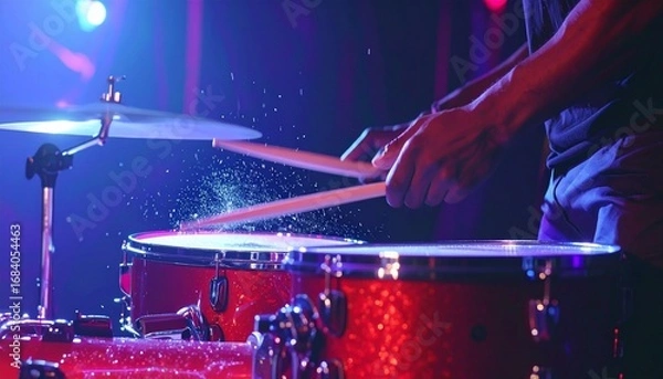 Fototapeta Close up of a drummer’s hands dramatically playing drums in a live concert, with splashes and particles flying around, cinematic shot with dynamic lighting capturing energy, motion and musical intense