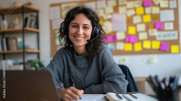 Fototapeta Woman uses laptop wearing headset for communication. She studies with notes. AI generated