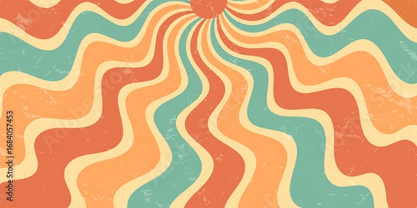 Fototapeta Retro groovy sun shines with bold orange and yellow burst in a wavy grungy style. This sunshine background has a strong y2k influence with unique horizontal grunge effect for modern creative uses.