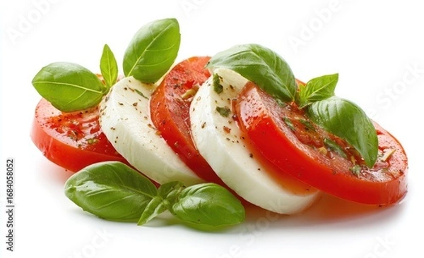 Fototapeta Fresh mozzarella and tomato slices layered, garnished with basil