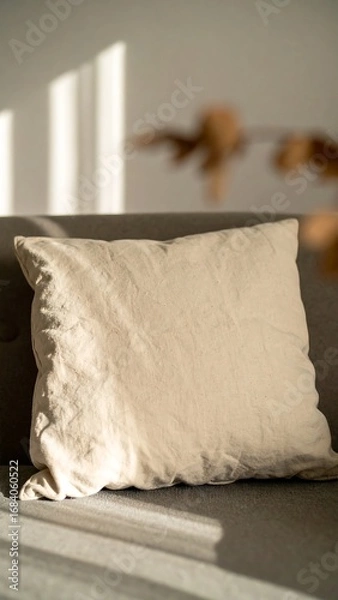 Fototapeta Light beige pillow on a couch in sunlight